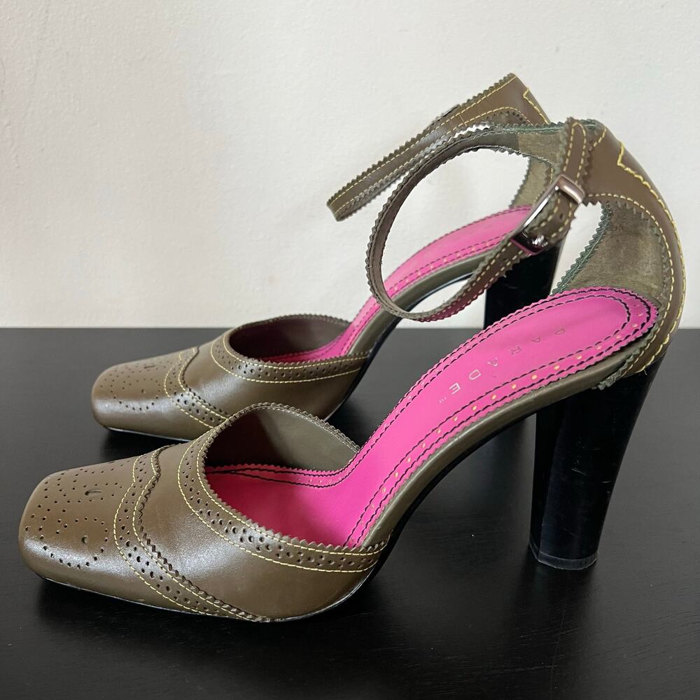 Rampage Olive Green Leather Square Toe Brogue Ankle Strap Heels 8 - Picture 3 of 5